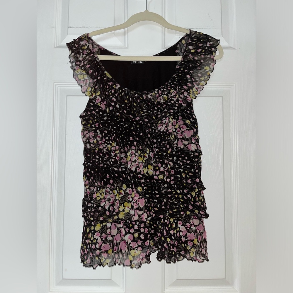 Apt. 9 Black Sleeveless Ruffle Floral Tank